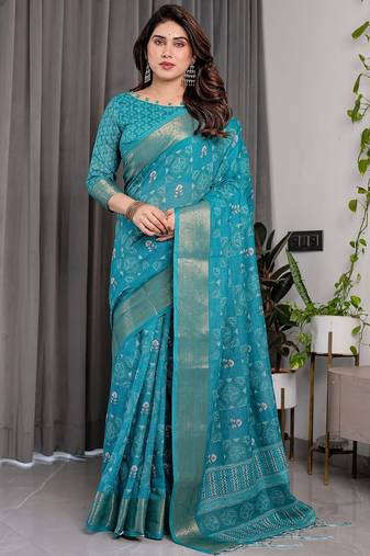 Floral printed linen weaved with golden zari saree in handloom weave with blouse piece – 5.5m