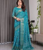Floral printed linen weaved with golden zari saree in handloom weave with blouse piece     5.5m