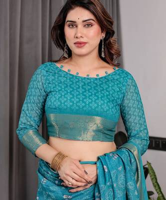 Floral printed linen weaved with golden zari saree in handloom weave with blouse piece     5.5m 4