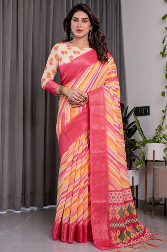 Traditional handloom linen weaved with golden zari floral saree with matching blouse & tassel detailing