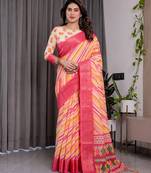 Traditional handloom linen weaved with golden zari floral saree with matching blouse & tassel detailing