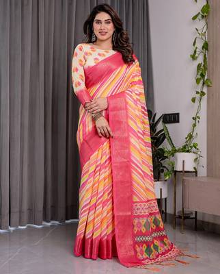 Traditional handloom linen weaved with golden zari floral saree with matching blouse & tassel detailing 2