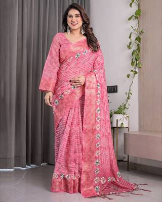 Soft handloom linen weaved with golden zari floral saree with tassels     includes 0.8m blouse 1