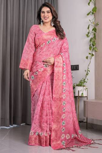 Soft handloom linen weaved with golden zari floral saree with tassels – includes 0.8m blouse