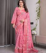 Soft handloom linen weaved with golden zari floral saree with tassels     includes 0.8m blouse
