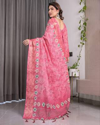 Soft handloom linen weaved with golden zari floral saree with tassels     includes 0.8m blouse 3