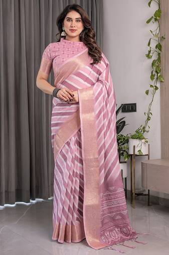 Printed floral handloom linen weaved with golden zari saree with stylish tassel finish – ready to wear