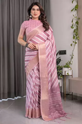 Printed floral handloom linen weaved with golden zari saree with stylish tassel finish – ready to wear