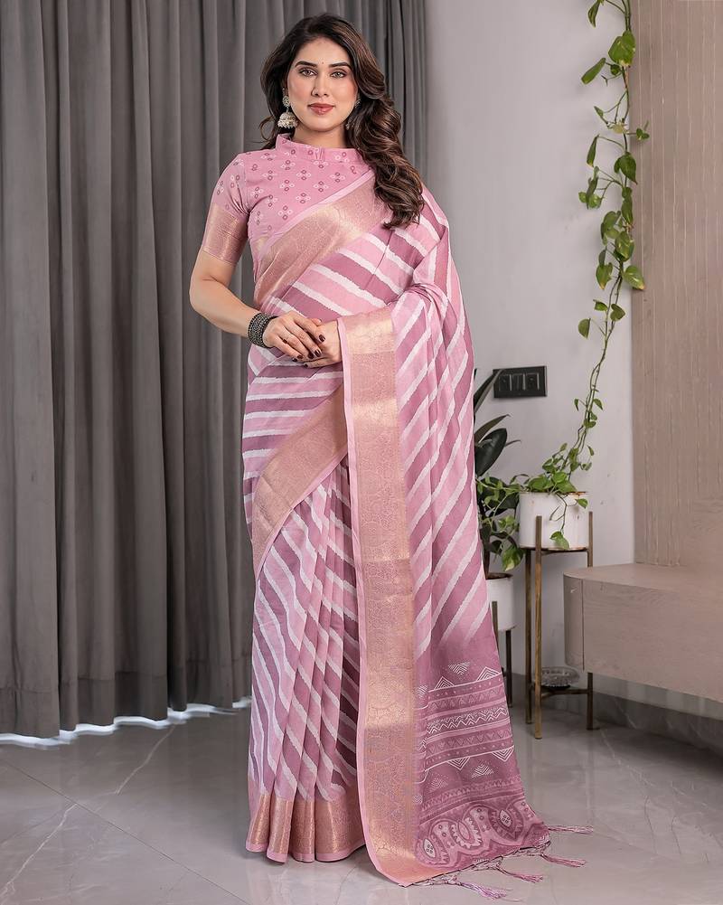 Printed floral handloom linen weaved with golden zari saree with stylish tassel finish     ready to wear