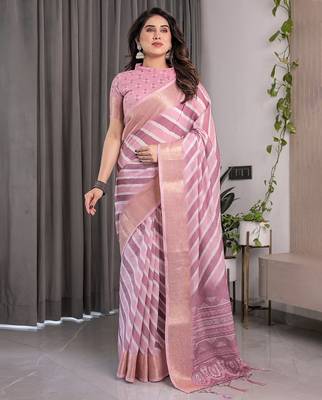 Printed floral handloom linen weaved with golden zari saree with stylish tassel finish     ready to wear 2