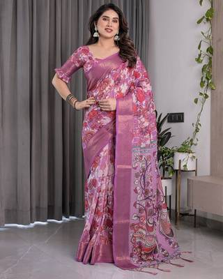 Designer floral print handloom linen weaved with golden zari saree with tassel pallu & blouse 1