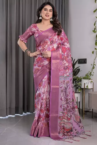 Designer floral print handloom linen weaved with golden zari saree with tassel pallu & blouse