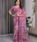 Designer floral print handloom linen weaved with golden zari saree with tassel pallu & blouse