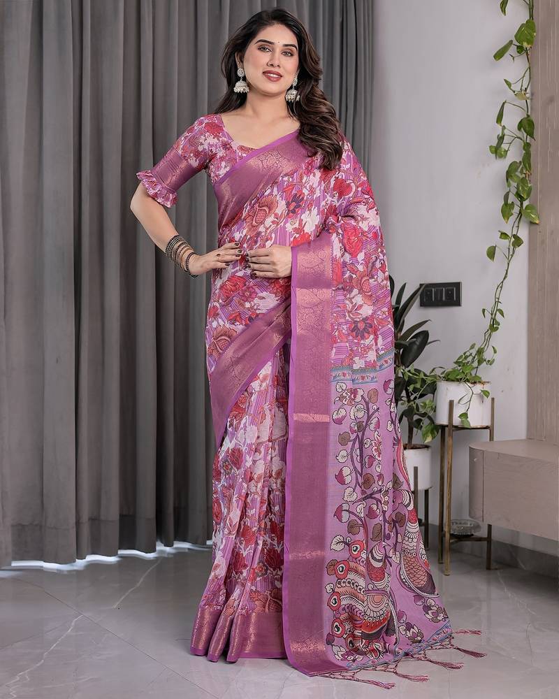 Designer floral print handloom linen weaved with golden zari saree with tassel pallu & blouse