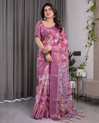 Designer floral print handloom linen weaved with golden zari saree with tassel pallu & blouse 2