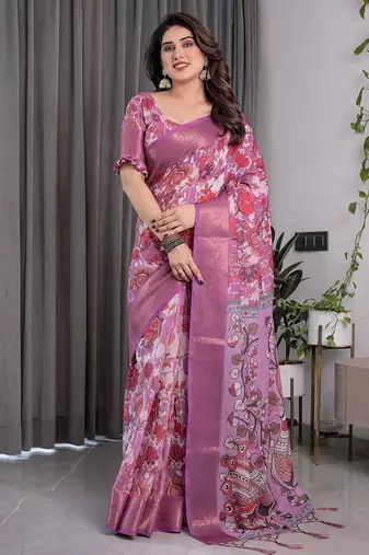 Designer floral print handloom linen weaved with golden zari saree with tassel pallu & blouse