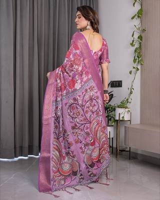 Designer floral print handloom linen weaved with golden zari saree with tassel pallu & blouse 3