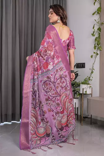 Designer floral print handloom linen weaved with golden zari saree with tassel pallu & blouse