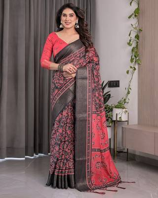 Linen weaved with golden zari handloom saree with digital floral print and tassels     festive wear 1
