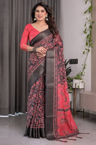 Linen weaved with golden zari handloom saree with digital floral print and tassels – festive wear