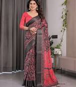 Linen weaved with golden zari handloom saree with digital floral print and tassels     festive wear