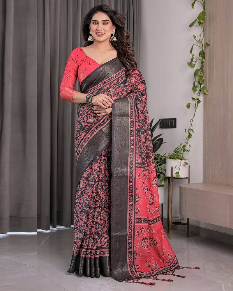 Linen weaved with golden zari handloom saree with digital floral print and tassels     festive wear
