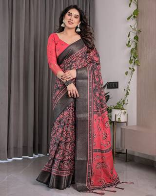 Linen weaved with golden zari handloom saree with digital floral print and tassels     festive wear 2
