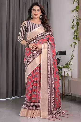 Pastel floral handloom linen weaved with golden zari saree with pallu tassels & blouse piece