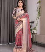 Pastel floral handloom linen weaved with golden zari saree with pallu tassels & blouse piece