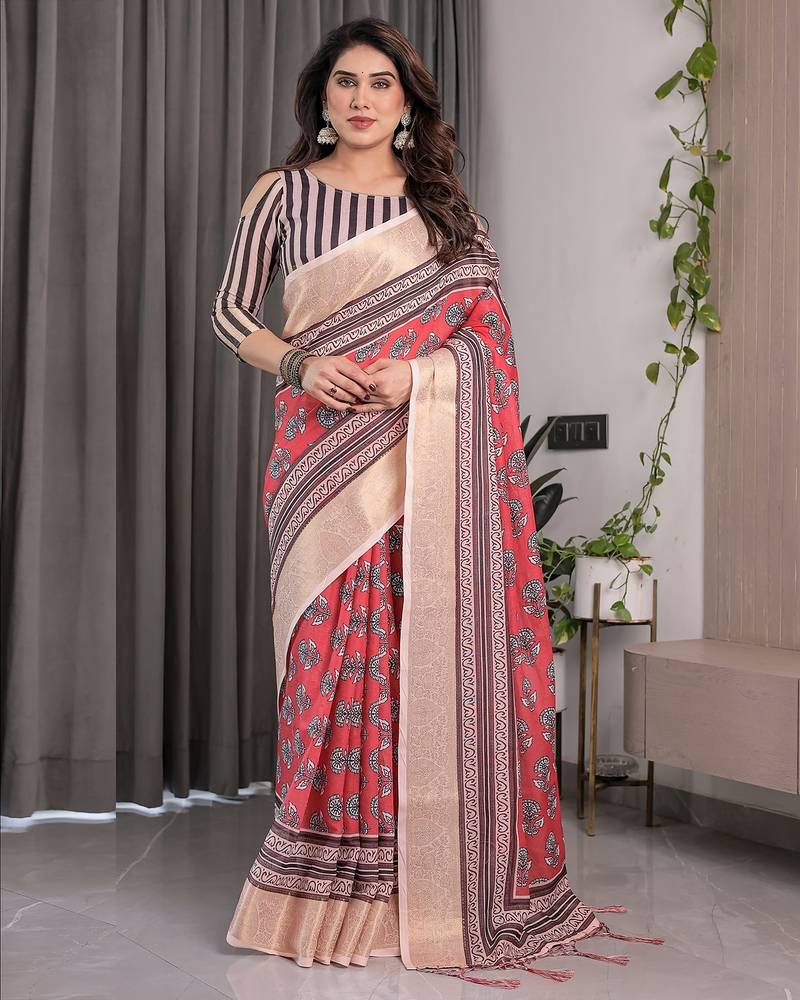 Pastel floral handloom linen weaved with golden zari saree with pallu tassels & blouse piece
