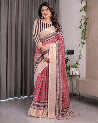 Pastel floral handloom linen weaved with golden zari saree with pallu tassels & blouse piece 2