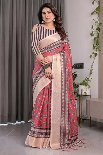 Pastel floral handloom linen weaved with golden zari saree with pallu tassels & blouse piece