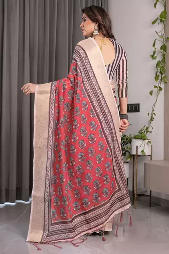 Pastel floral handloom linen weaved with golden zari saree with pallu tassels & blouse piece