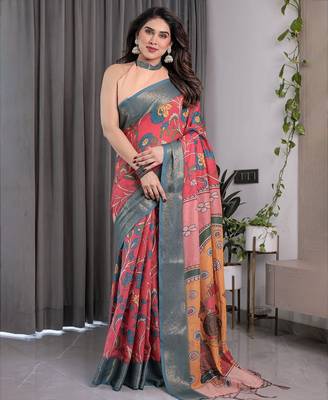Ethnic handloom linen weaved with golden zari saree with colorful floral print and matching blouse 1
