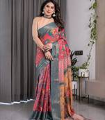 Ethnic handloom linen weaved with golden zari saree with colorful floral print and matching blouse