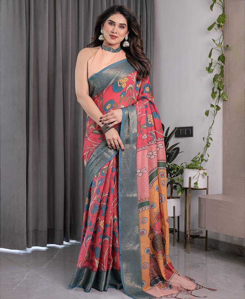 Ethnic handloom linen weaved with golden zari saree with colorful floral print and matching blouse