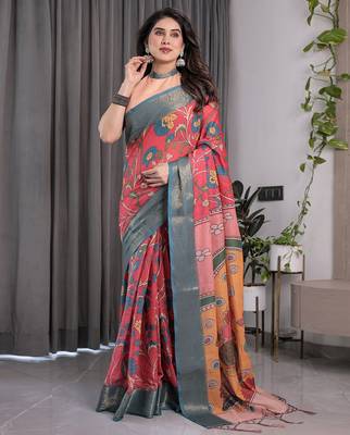 Ethnic handloom linen weaved with golden zari saree with colorful floral print and matching blouse 2