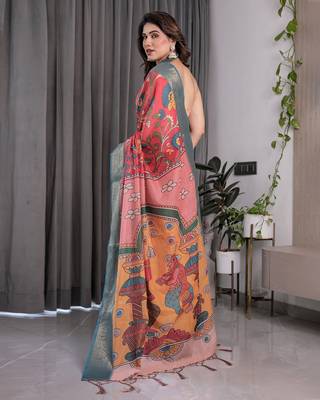Ethnic handloom linen weaved with golden zari saree with colorful floral print and matching blouse 3