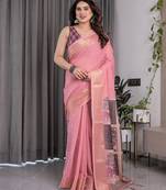 Linen weaved with golden zari linen weaved with golden zari blend handloom saree with floral motif and tassel border
