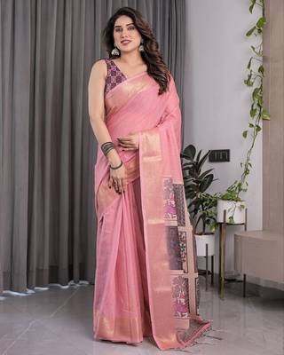 Linen weaved with golden zari linen weaved with golden zari blend handloom saree with floral motif and tassel border 2