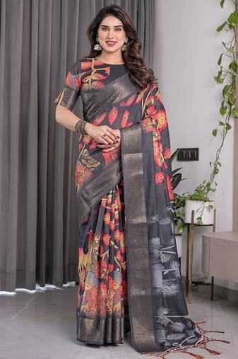 Women   s handloom linen weaved with golden zari saree     floral printed with attached blouse & tassels