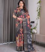 Women   s handloom linen weaved with golden zari saree     floral printed with attached blouse & tassels