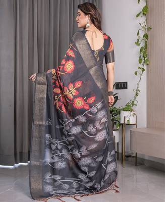 Women   s handloom linen weaved with golden zari saree     floral printed with attached blouse & tassels 2
