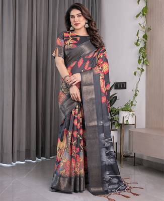 Women   s handloom linen weaved with golden zari saree     floral printed with attached blouse & tassels 3