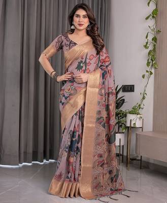 Soft handloom linen weaved with golden zari floral saree with tassels     includes 0.8m blouse 1