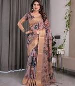 Soft handloom linen weaved with golden zari floral saree with tassels     includes 0.8m blouse