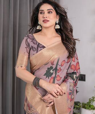 Soft handloom linen weaved with golden zari floral saree with tassels     includes 0.8m blouse 5