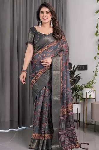 Printed floral handloom linen weaved with golden zari saree with stylish tassel finish – ready to wear