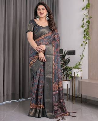 Printed floral handloom linen weaved with golden zari saree with stylish tassel finish     ready to wear 2