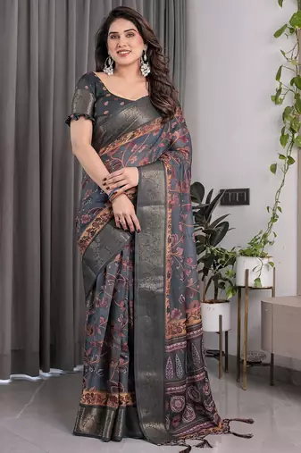 Printed floral handloom linen weaved with golden zari saree with stylish tassel finish     ready to wear